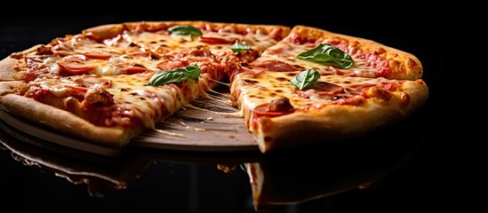 pizza is served on a black background table