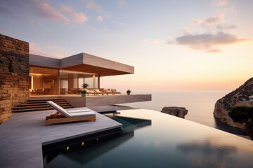 luxury modern villa with a swimming pool on the water at sunset