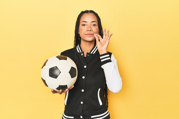 Indonesian schoolgirl with soccer ball on yellow with fingers on lips keeping a secret.