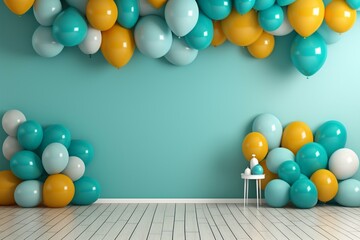Obraz na płótnie Canvas Contemporary birthday backdrop featuring colorful balloons in teal, turquoise, and yellow shades. Rendered in 3D. Generative AI