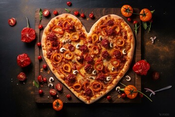 Heart-shaped homemade pizza on wooden board, surrounded by ingredients, on a black background. Valentine's Day celebration. Generative AI