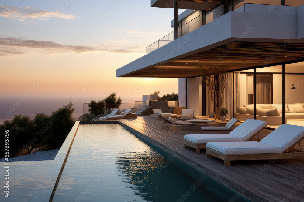 Poster luxury modern villa with a swimming pool on the water at sunset