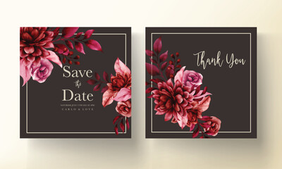 beautiful maroon flower and leaves wedding invitation template
