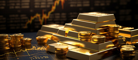 Gold bar with stock graph background. Gold investment concept - obrazy, fototapety, plakaty
