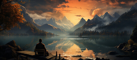 Man watching mountain and lake view at sunset. Back View