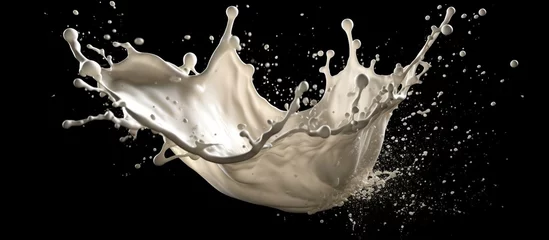 Rolgordijnen Realistic splash or wave of milk with drops on black background © gufron