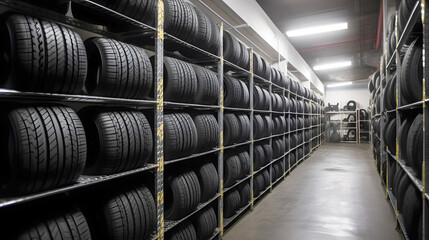 Dealer logistics shop with tires for car. Warehouse stock with tyre, banner