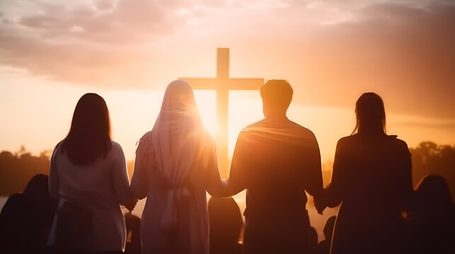 Christian worship God together hold hands and hugs warmth in Church, sun light background with sunset. Concept banner easter resurrection. Generation AI