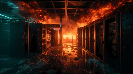 Server room Burning. Data center and supercomputer technology in fire. Generation AI