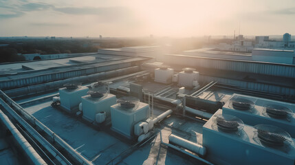 Industry equipment Air conditioning of plant, drone aerial top view of roof. Generation AI - obrazy, fototapety, plakaty