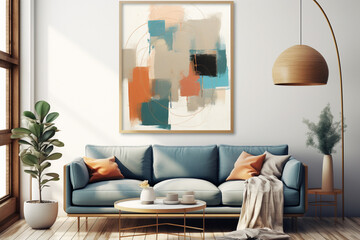 Cozy Modern Living Room with Sofa and Framed Painting. 3D Render. Mockup