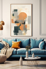 Cozy Modern Living Room with Sofa and Framed Painting. 3D Render. Mockup
