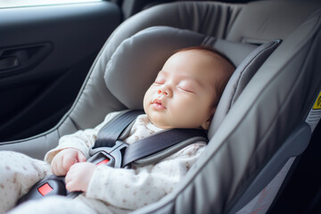 bébé bien installé dans son siège auto à l'arrière de la voiture de papa maman - obrazy, fototapety, plakaty