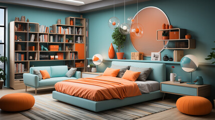 Boy bedroom design in blue color Space theme. - obrazy, fototapety, plakaty