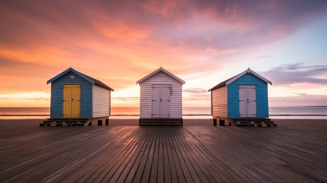 cabanes de plage multicolore, align&eacute;e sur plancher au bord de mer au soleil couchant