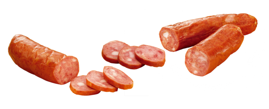 Composição com linguiça calabresa defumada fatiada isolado em fundo transparente
