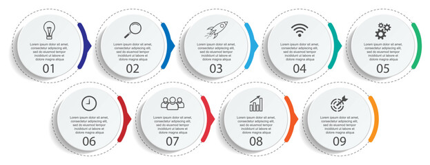 Business Infographic Template Design. minimal concept Timeline with 9 steps, options and marketing icons. Vector linear infographic with nine connected elements. Can be used for presentations on your 