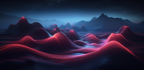 A mesmerizing game scene captures virtual mountains bathed in enchanting purple tones. Ideal for futuristic tech presentations or digital art showcases. Generative AI has crafted this visual masterpie - obrazy, fototapety, plakaty