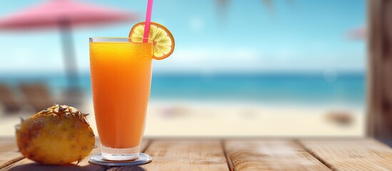 refreshing colorful tropical fruit juice with sunglasses under umbrella on summer beach