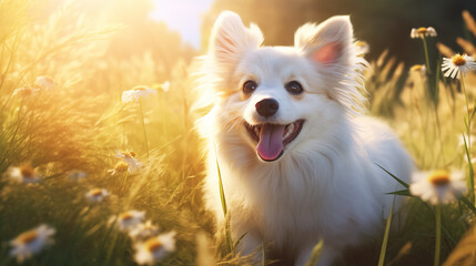 A small white dog is joyfully lies on a meadow filled with flowers on a sunny day.