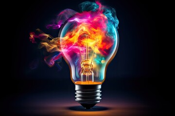Incandescent light bulb with colorful smoke on dark background. 3D rendering, idea concept, ai generated.