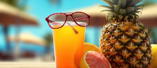 refreshing colorful tropical fruit juice with sunglasses under umbrella on summer beach