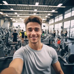 A charismatic muscular man, with a radiant smile, captures a selfie amidst the setting of a well-equipped gym. Ideal for fitness promotions or lifestyle showcases.