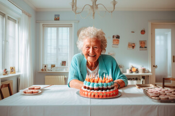 Smiling grandmother celebrating her birthday preparing a snack