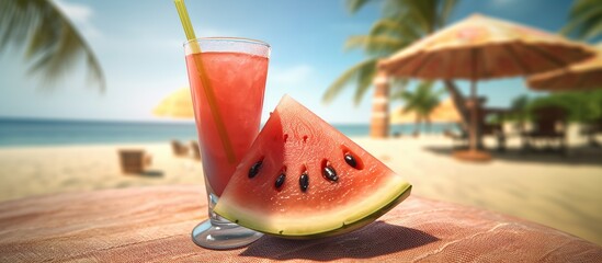 refreshing watermelon fruit juice with sunglasses under umbrella on summer beach
