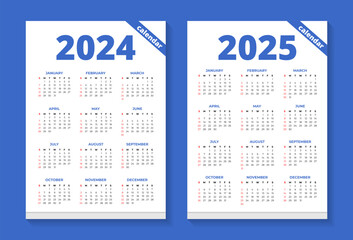 2024 and 2025 editable calendar template - obrazy, fototapety, plakaty