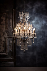 Crystal chandelier hanging in a dark grungy room