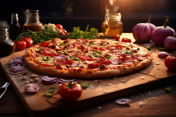 The close up detail of a delicious fresh baked pizza topped with pepperoni, green and black olives, and cheese on a dark wooden table, Generative AI.