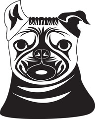 Cartoon Black and White Illustration Vector Of A Tribal Influenced Pug Dogs Face and Head 