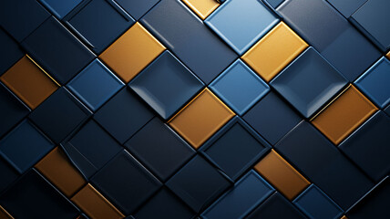 Elegant Opulence: 3D White Panels Decorated in Blue and Golden Hues Adorn a Seamless Shaded Geometric Abstract Diamond-Shaped Pattern Background