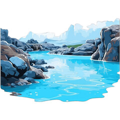 Blue lagoon in Iceland, cartoon flat artwork on transparent background