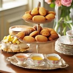a tiered tray displaying an array of madeleines in flavors like lemon, almond, and chocolate, evoking memories of childhood treats