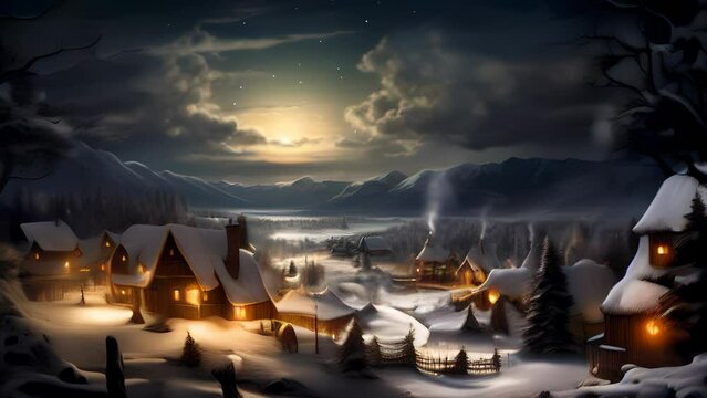 Old English Christmas Village Hamlet during Snowy Winter at Twilight with a full moon at night, Animation, Generative AI