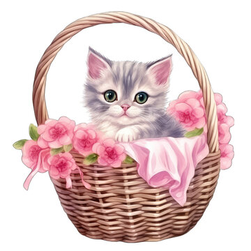 Adorable cute pink colored kitten, isolated, in a wicker basket with flowers