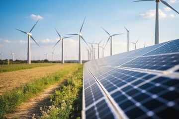Solar cells and wind turbines generating electricity in power station alternative renewable energy from nature