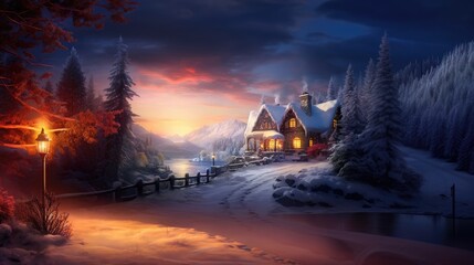 Fairytale house in the forest in winter. Winter night
