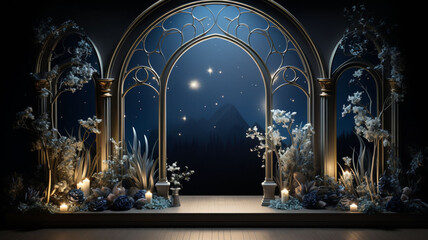 Moonlit Symphony: 3D Rendered Podium in a Dreamlike Natural Setting, Bathed in the Enchanting Moonlight of a Tranquil Night, Featuring a Gilded Arch Amidst Verdant Trees, Set Against the Star-Studded 