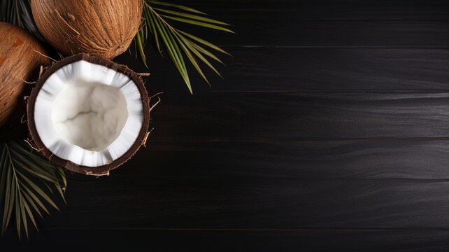 Fresh Organic Coconut Fruit Photorealistic Horizontal Background. Healthy Vegetarian Diet. Ai Generated Background with Delicious Juicy Coconut Fruit On Wooden Countertop with Copy Space.