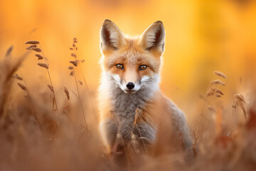 Fototapeta premium The portrait of a wild red fox or vulpes standing in an autumn forest, green field and clear blue sky, Generative AI.