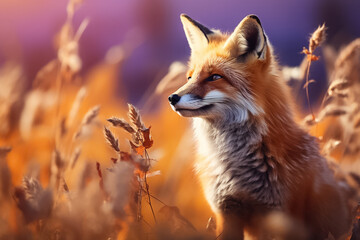 The portrait of a wild red fox or vulpes standing in an autumn forest, green field and clear blue sky, Generative AI. - obrazy, fototapety, plakaty