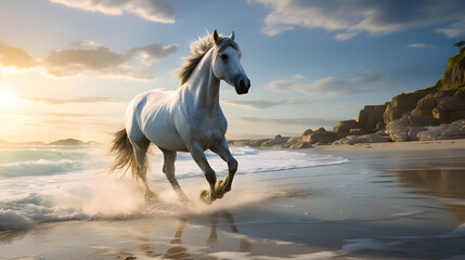Obraz na płótnie Canvas A horse runs along the seashore