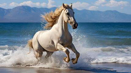 Obraz na płótnie Canvas A horse runs along the seashore