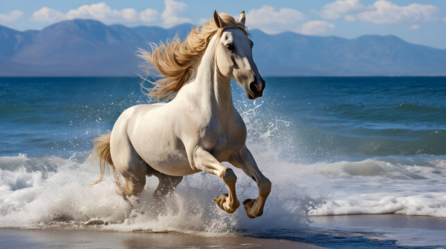 A horse runs along the seashore