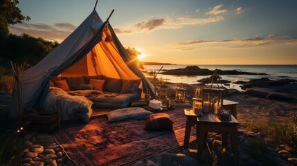 romantic glamping tent golden hour beach scene 