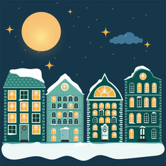 Christmas houses, city buildings in Scandinavian style. Cozy winter holidays town panorama with home exteriors. Urban street with chimneys. Stock Flat vector illustration