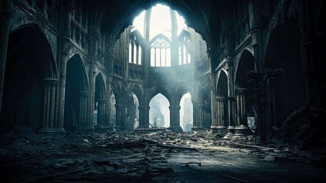Dark hallway room in the inside of a gothic dark abandoned castle.